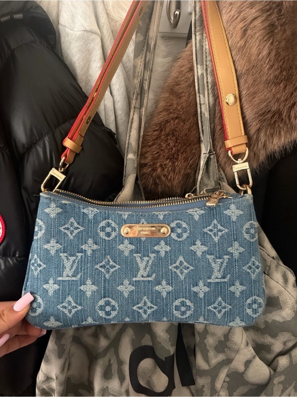 Louis Vuitton Denim Monogram Pochette Shoulder Bag with Tricolor Strap